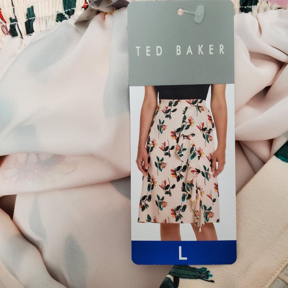 Ted Baker Women's Floral Ruffle Skirt Pink Multicolor Sz Med Lined Pull On NWT - Picture 9 of 12
